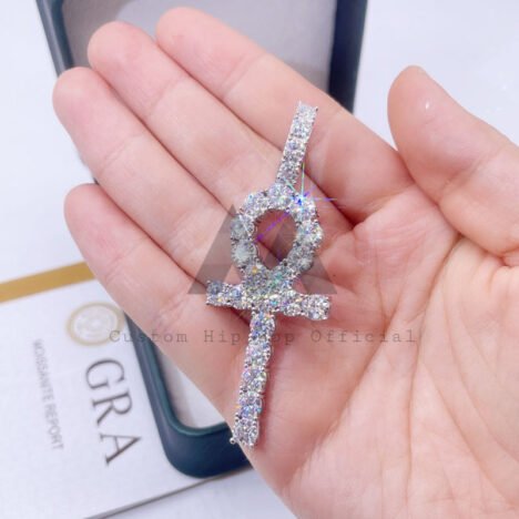 6mm VVS Moissanite Diamond Ankh Cross Pendant, Hip Hop Jewelry, Sterling Silver White Gold