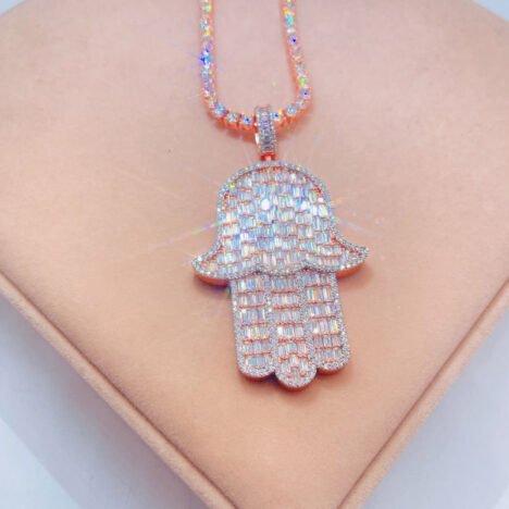 Rose Gold 925 Silver Baguette VVS Moissanite Hamsa Pendant & 20" Tennis Chain" - Image 3