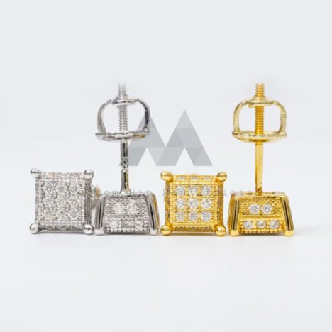 925 Sterling Silver 3-Row Square Moissanite Stud Earrings for Hip Hop Style