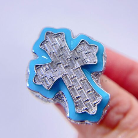 VVS Moissanite Cross Ring with Blue Enamel & Baguette Band | Luminous Glow