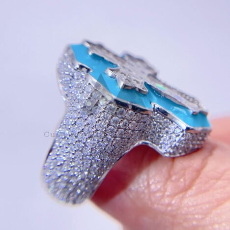 VVS Moissanite Cross Ring with Blue Enamel & Baguette Band | Luminous Glow - Image 3