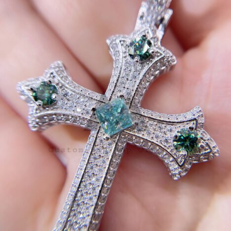 Men's Hip Hop Blue & White Moissanite Cross Pendant Charm - Image 2
