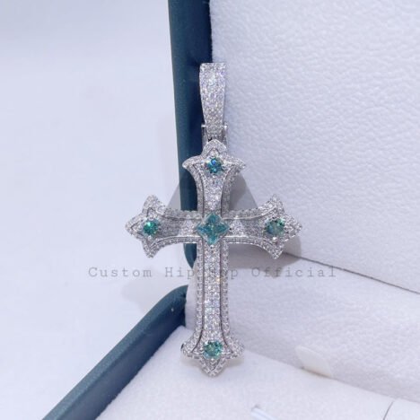 Men's Hip Hop Blue & White Moissanite Cross Pendant Charm