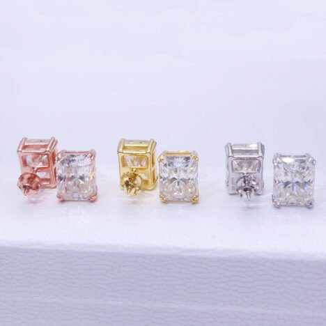 Yellow Gold Plated Silver Moissanite Studs - Radiant Cut Screw Back, Hip Hop Style - Image 2