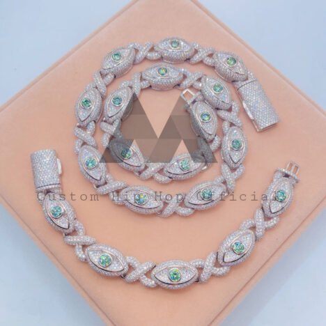 15MM Green Evil Eye Cuban Chain Set With VVS Moissanite Diamond - Image 2