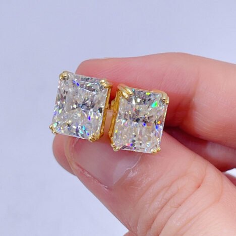 Yellow Gold Plated Silver Moissanite Studs - Radiant Cut Screw Back, Hip Hop Style - Image 3