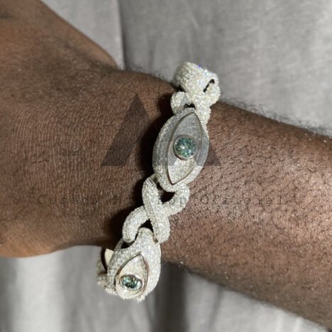 15MM Green Evil Eye Cuban Chain Set With VVS Moissanite Diamond - Image 3
