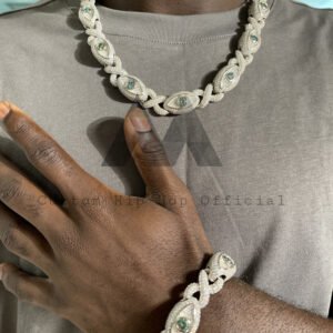 15MM Green Evil Eye Cuban Chain Set With VVS Moissanite Diamond
