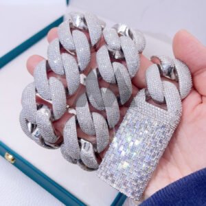 28MM Moissanite Cuban Chain with Baguette Cut Clasp Solid 925 Silver