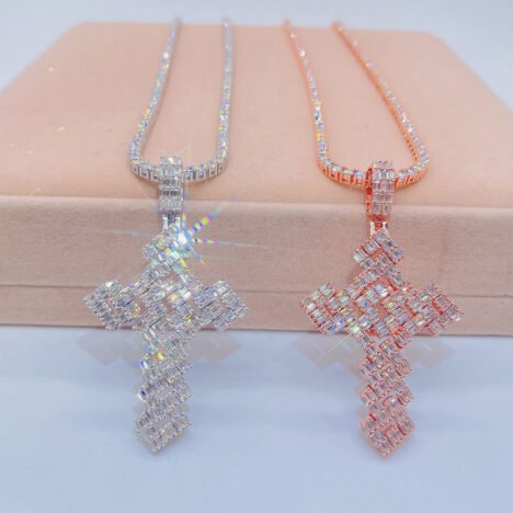 Sterling Silver Baguette Moissanite Cross Pendant with 3MM Tennis Chain | Hip Hop Jewelry - Image 2