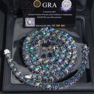 925 Silver Rainbow Topaz Moissanite Tennis Chain 8MM & 7MM Stud Earrings Set