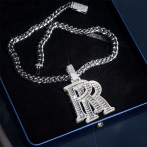 925 Silver Iced Out Custom Double R Initial Name Pendant With VVS Baguette Moissanite Fully Iced - Image 3