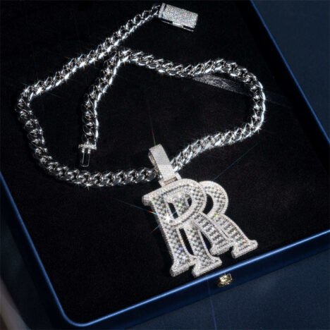 925 Silver Iced Out Custom Double R Initial Name Pendant With VVS Baguette Moissanite Fully Iced - Image 3