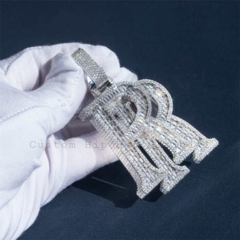 925 Silver Iced Out Custom Double R Initial Name Pendant With VVS Baguette Moissanite Fully Iced - Image 4
