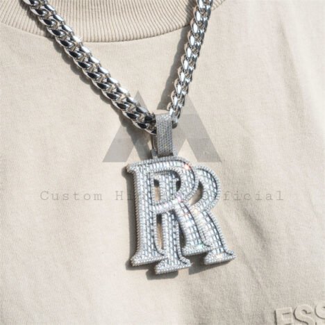 925 Silver Iced Out Custom Double R Initial Name Pendant With VVS Baguette Moissanite Fully Iced - Image 5