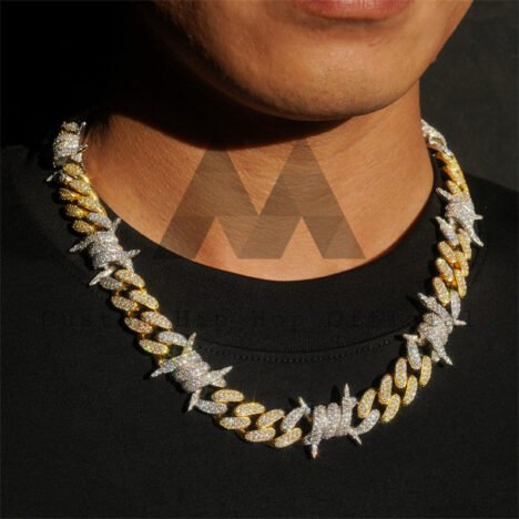13MM Two-Tone Yellow Gold Moissanite Cuan Link Chain - Hip Hop Barber Wire Style
