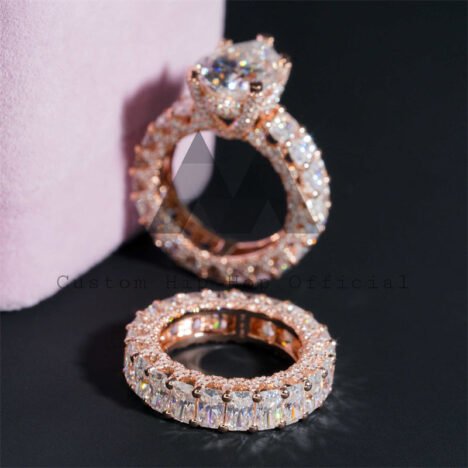 Side Iced Luxury Style 10K Rose Gold Moissanite Diamond Engagement Ring Set - Image 2