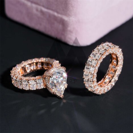 Side Iced Luxury Style 10K Rose Gold Moissanite Diamond Engagement Ring Set - Image 4