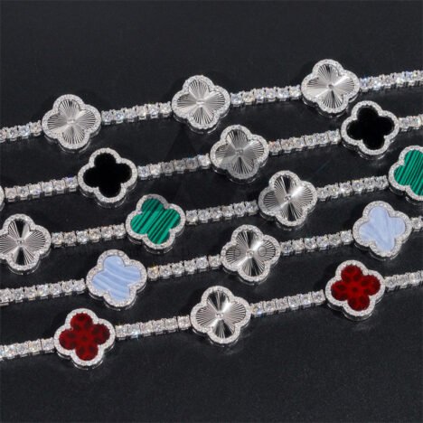 10K White Gold 3MM Moissanite Clover Tennis Bracelet with Red Agate - Image 6