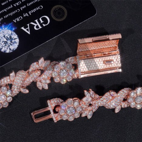 Hip Hop Iced Out 18MM Width Flower Link Cuban Chain Moissanite Diamond Rose Gold Plated - Image 2