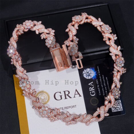Hip Hop Iced Out 18MM Width Flower Link Cuban Chain Moissanite Diamond Rose Gold Plated - Image 3