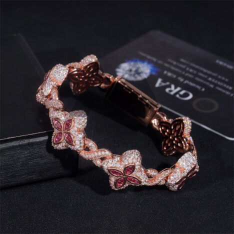 Rose Gold Plated Moissanite Men 18MM Iced Out Infinity Link Clover Bracelet With Pink Moissanite - Image 3