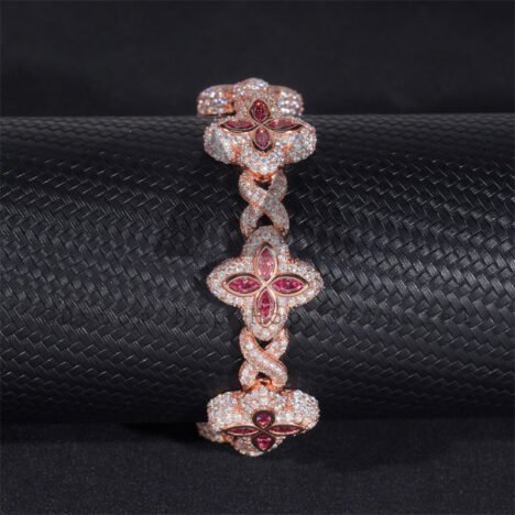 Rose Gold Plated Moissanite Men 18MM Iced Out Infinity Link Clover Bracelet With Pink Moissanite - Image 4