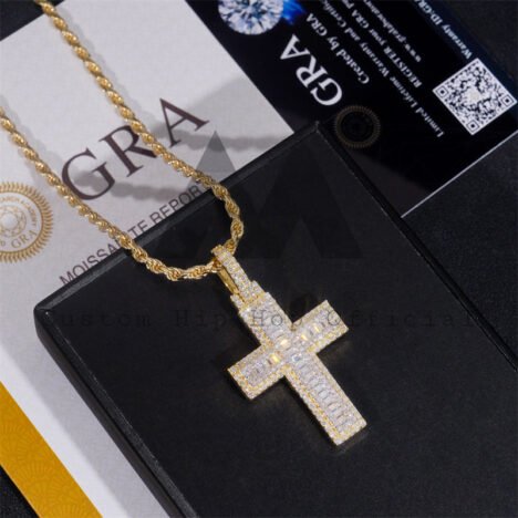 Yellow Gold Two Tone Moissanite Diamond Baguette Cut Cross Pendant For Men And Women - Image 2