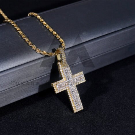 Yellow Gold Two Tone Moissanite Diamond Baguette Cut Cross Pendant For Men And Women - Image 3