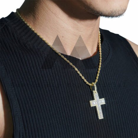 Yellow Gold Two Tone Moissanite Diamond Baguette Cut Cross Pendant For Men And Women - Image 4