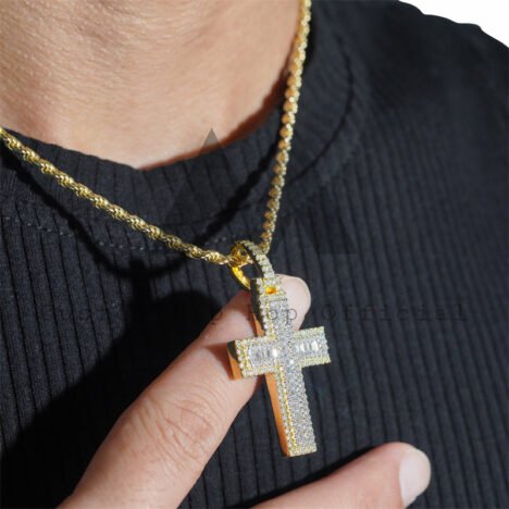 Yellow Gold Two Tone Moissanite Diamond Baguette Cut Cross Pendant For Men And Women - Image 5