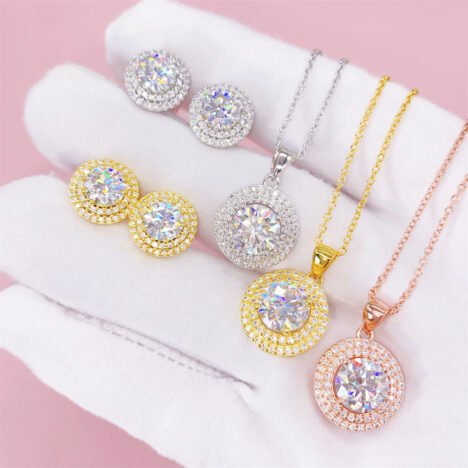 Women's Moissanite Halo Necklace & Earrings Set - Fashion Hip Hop Jewelry