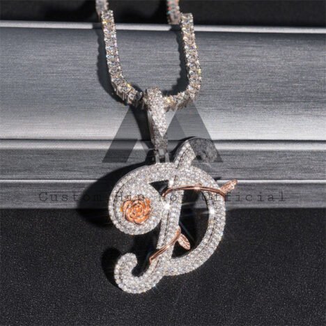 Custom Initial Moissanite Pendant, Floral Rose & White Gold Hip Hop Jewelry - Image 3