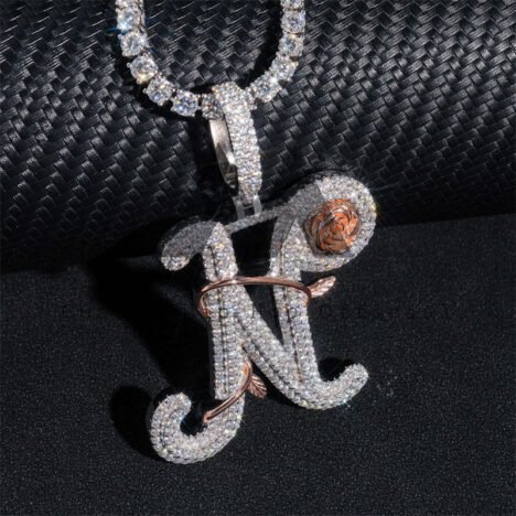 Custom Initial Moissanite Pendant, Floral Rose & White Gold Hip Hop Jewelry - Image 4