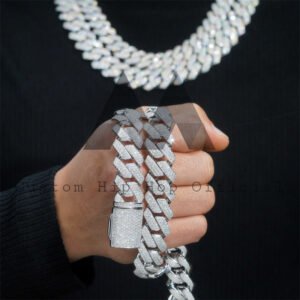 Sterling Silver 925 Moissanite Cuban Link Chain 15-20MM White Gold Finish - Image 2