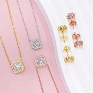 Classic Design Round Brilliant Cut Halo Diamond Style Necklace Earrings Set With Moissanite - Image 2