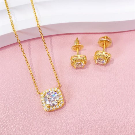 Classic Design Round Brilliant Cut Halo Diamond Style Necklace Earrings Set With Moissanite - Image 3