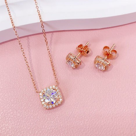 Classic Design Round Brilliant Cut Halo Diamond Style Necklace Earrings Set With Moissanite - Image 4