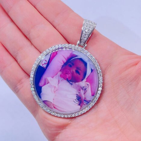 3MM Moissanite Tennis Chain with 45MM Silver Photo Pendant - Hip Hop Jewelry