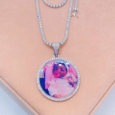 3MM Moissanite Tennis Chain with 45MM Silver Photo Pendant - Hip Hop Jewelry - Image 3
