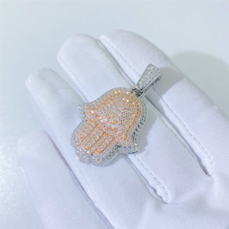Iced Out Moissanite Hamsa Pendant in Rose Gold & Silver Tone - Hip Hop Jewelry
