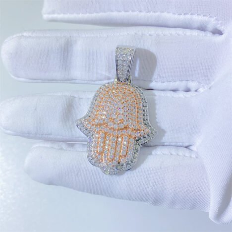 Iced Out Moissanite Hamsa Pendant in Rose Gold & Silver Tone - Hip Hop Jewelry - Image 3