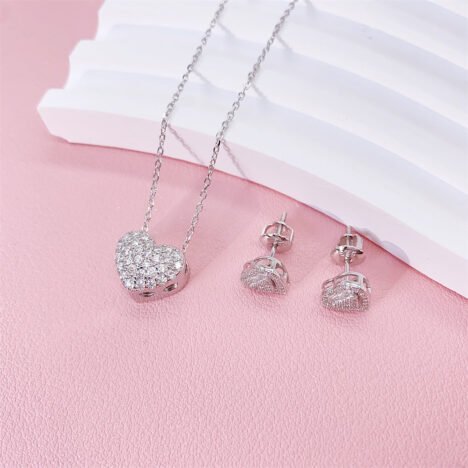 White Gold Solid Silver Iced Out Women Fashion Design Heart Moissanite Jewelry Set Necklace Earrings - Image 2
