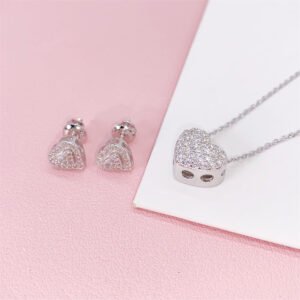 White Gold Solid Silver Iced Out Women Fashion Design Heart Moissanite Jewelry Set Necklace Earrings - Image 3