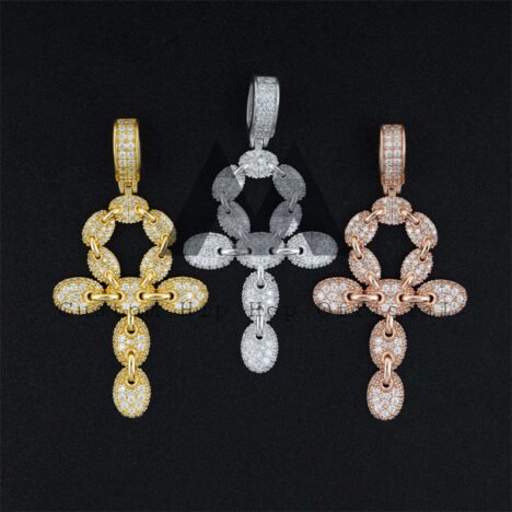 Iced Out Sterling Silver 925 White Gold Plated Moissanite Ankh Cross Pendant