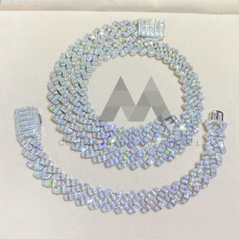 15MM 925 Silver Double Row Baguette Moissanite Cuban Chain | Hip Hop Jewelry