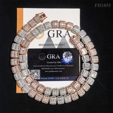13MM Baguette Moissanite Tennis Chain in 925 Silver & Rose Gold