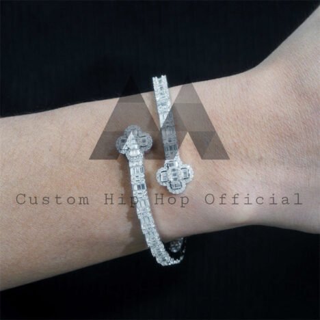 White Gold Plated 925 Silver Moissanite Clover Bangle, Baguette Bracelet