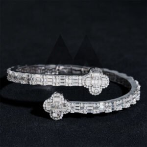 White Gold Plated 925 Silver Moissanite Clover Bangle, Baguette Bracelet - Image 2
