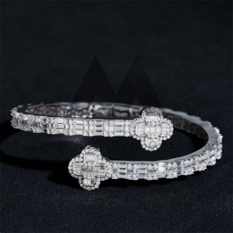 White Gold Plated 925 Silver Moissanite Clover Bangle, Baguette Bracelet - Image 2